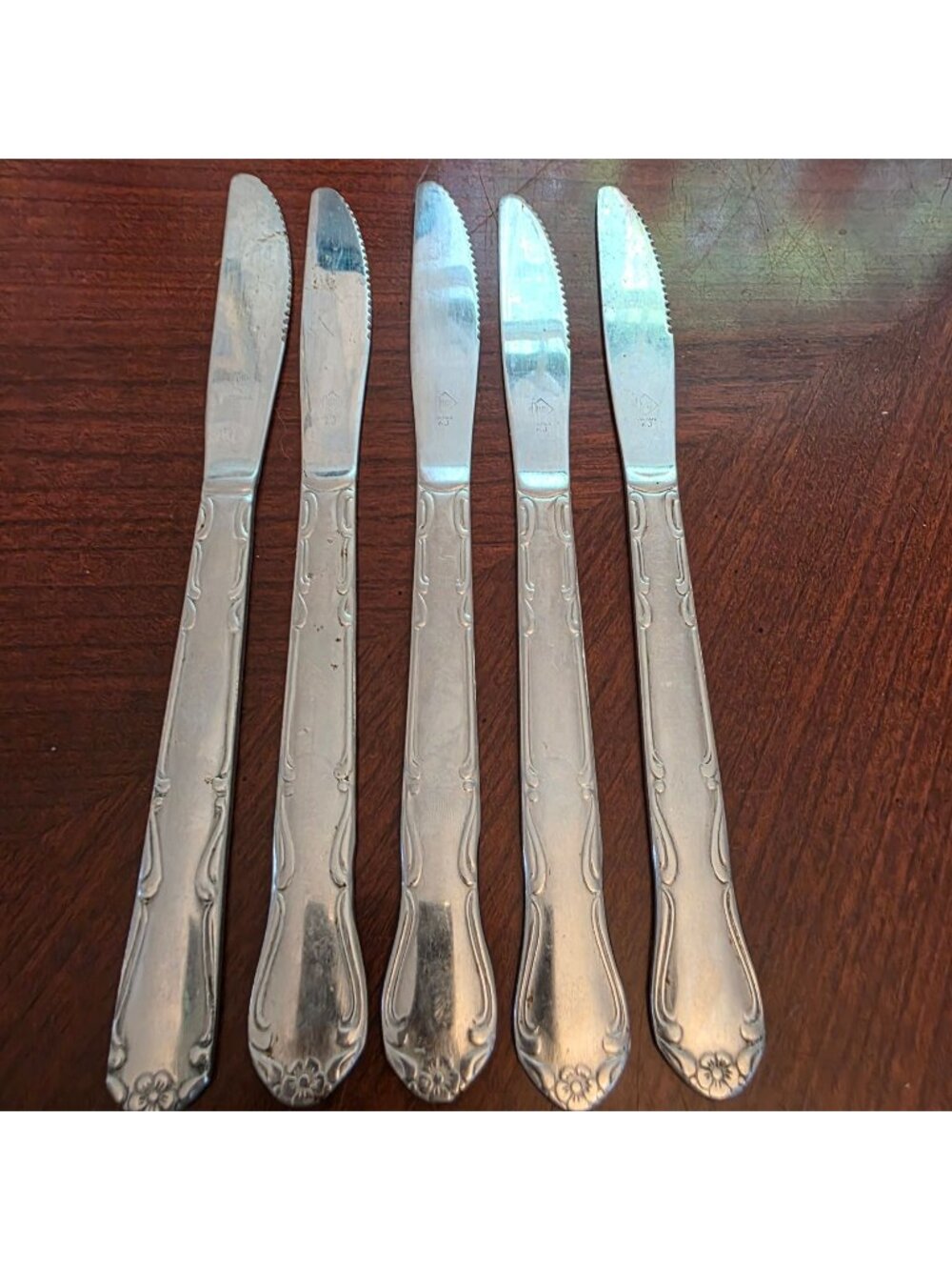 Set Of 5 Delco Stainless Steel Floral Handle Vintage Serrated Knives Japan